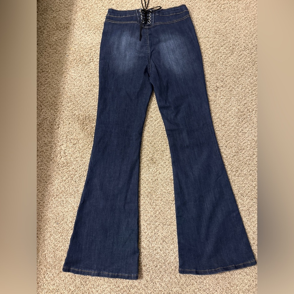 S.O.N.G. Lace-Up Back High Rise Flare Jeans - Dark Wash 7/28